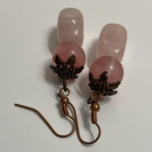 Round Moonstone Bead and Rectangle Rose Quartz Stone Rose-gold hook earrings.